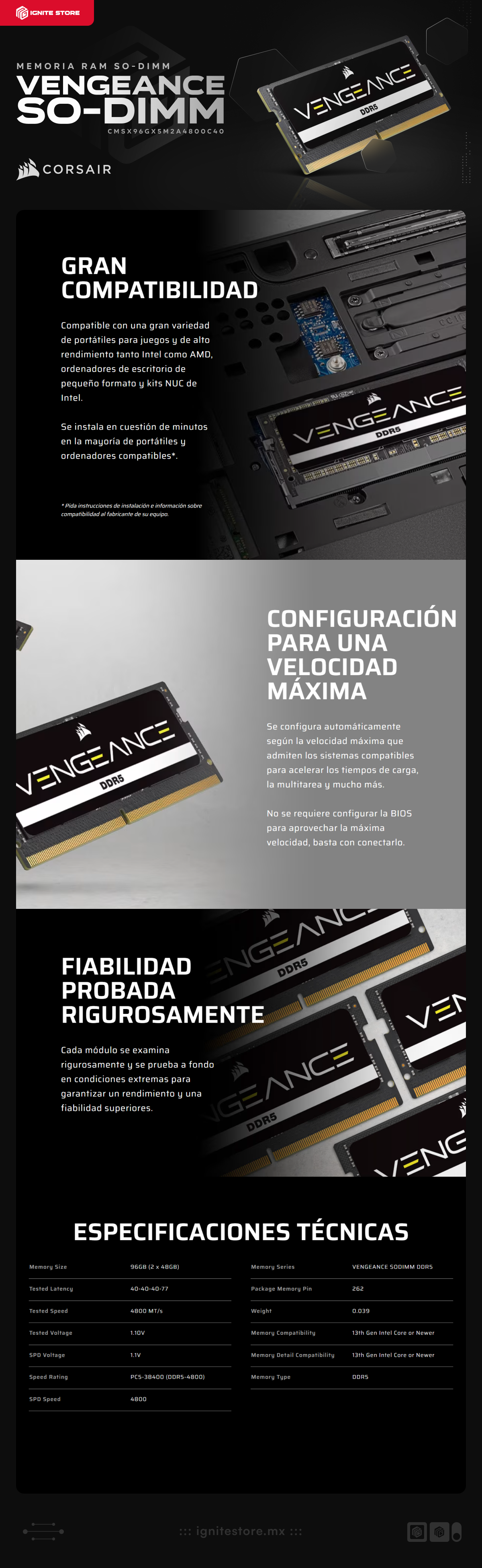 Memoria RAM SO-DIMM Corsair VENGEANCE | DDR5 | 96GB (2 x 48GB) | 4800MT/s | CL40 | CMSX96GX5M2A4800C40