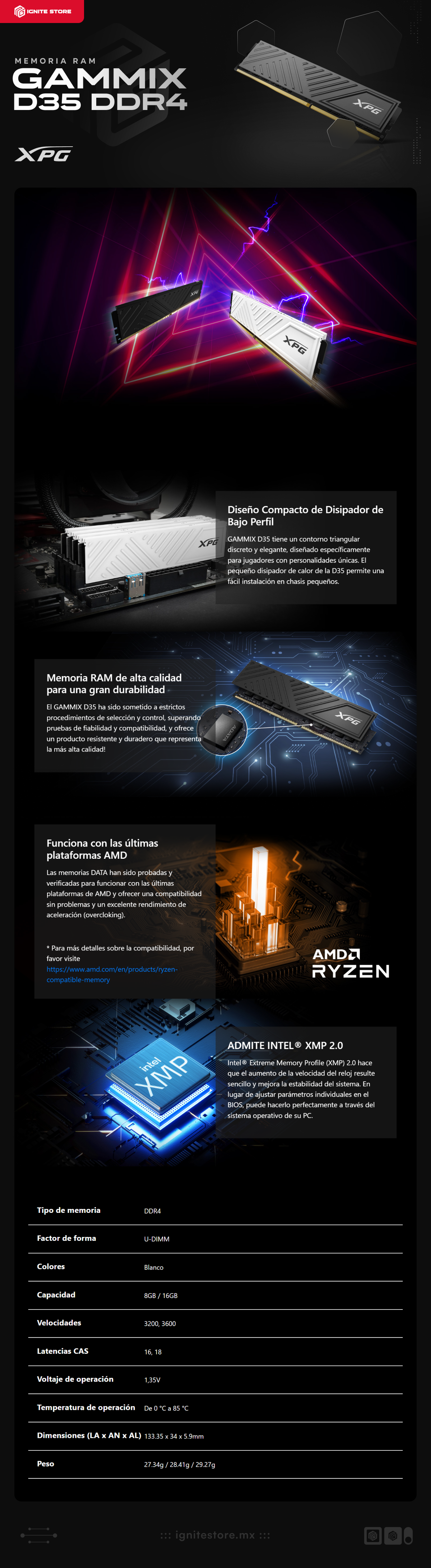 Memoria RAM ADATA XPG Gammix D35 | 16GB | DDR4 | 3200 MT/s | CL16 | Disipador | Negro | AX4U320016G16A-SBKD35