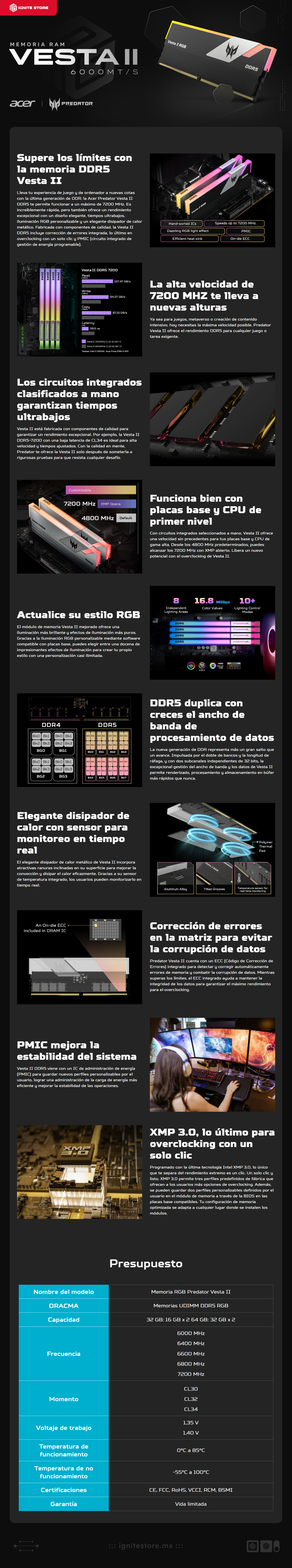 Kit de Memoria RAM Acer Predator Vesta II | 64 GB (2x32 GB) | DDR5 | 6000 MT/s | Acer Predator Vesta II | CL30 | XMP / EXPO | BL.9BWWR.334