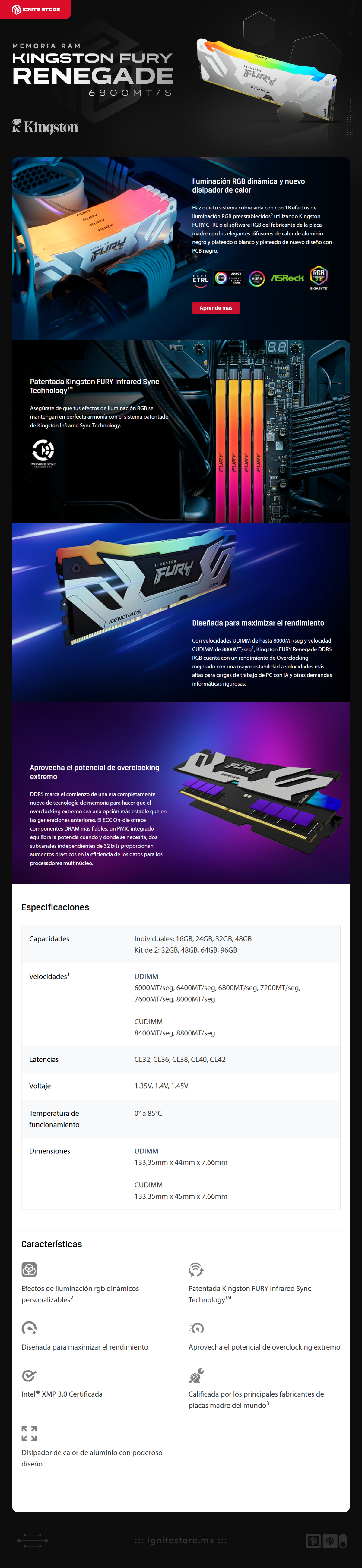 Memoria RAM DDR5 16 GB 6800 MT/s | Kingston FURY Renegade White RGB | CL36 | Non-ECC | XMP 3.0 | KF568C36RWA-16