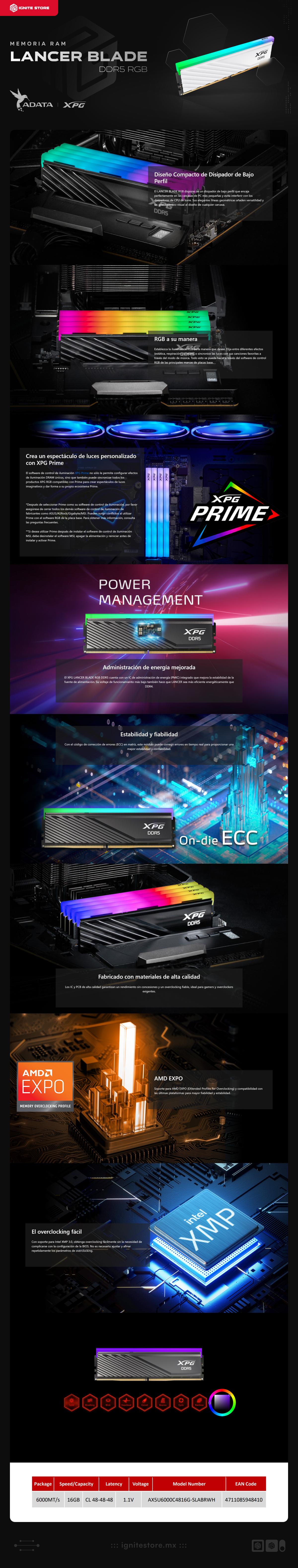Memoria RAM XPG Lancer Blade RGB DDR5 | 16GB | DDR5 | 6000 MT/s | Non-ECC | CL48 | XMP | RGB | Blanco | AX5U6000C4816G-SLABRWH