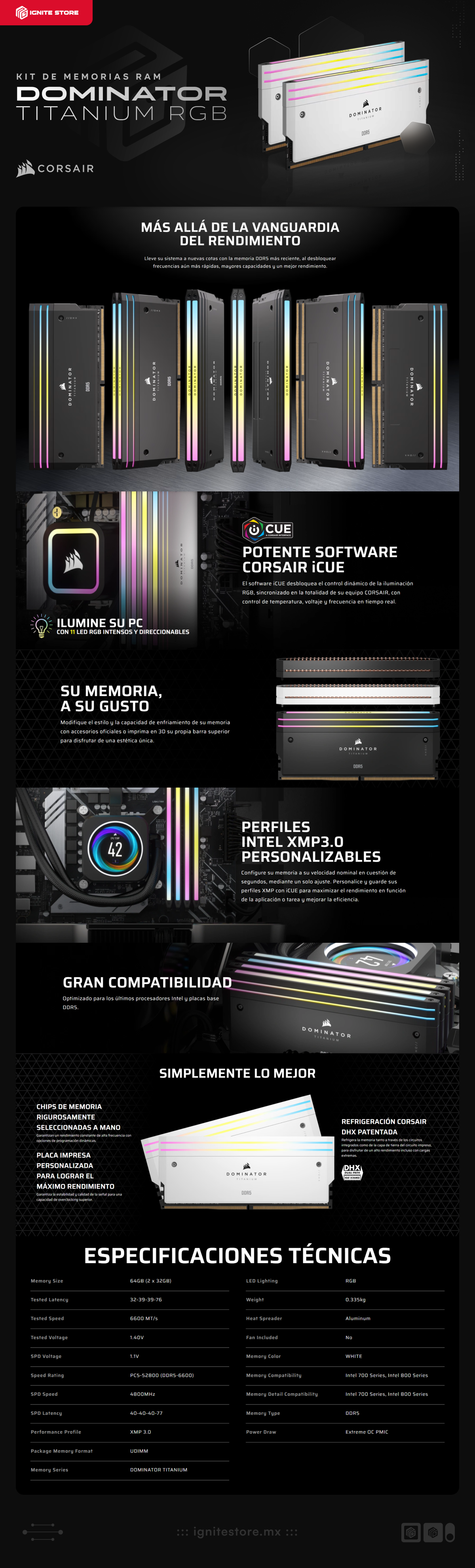 Kit de Memorias RAM Corsair DOMINATOR TITANIUM RGB | 64GB (2 x 32GB) | DDR5 | 6600 MT/s | CL32 | XMP | RGB | Blanco | CMP64GX5M2X6600C32W 