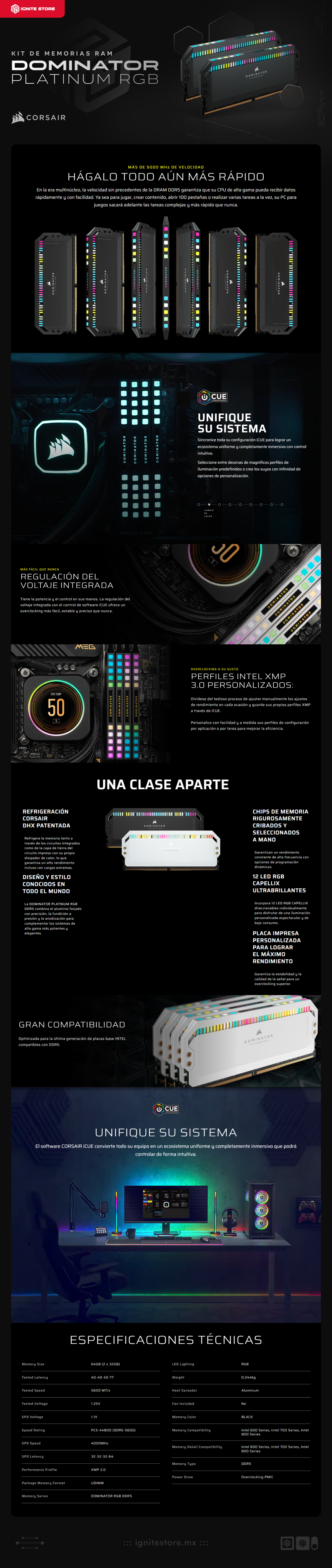 Kit de Memoria RAM Corsair DOMINATOR PLATINUM RGB | 64GB (2 x 32GB) | DDR5 | 5600 MT/s | CL40 | XMP | RGB | Negro | CMT64GX5M2B5600C40