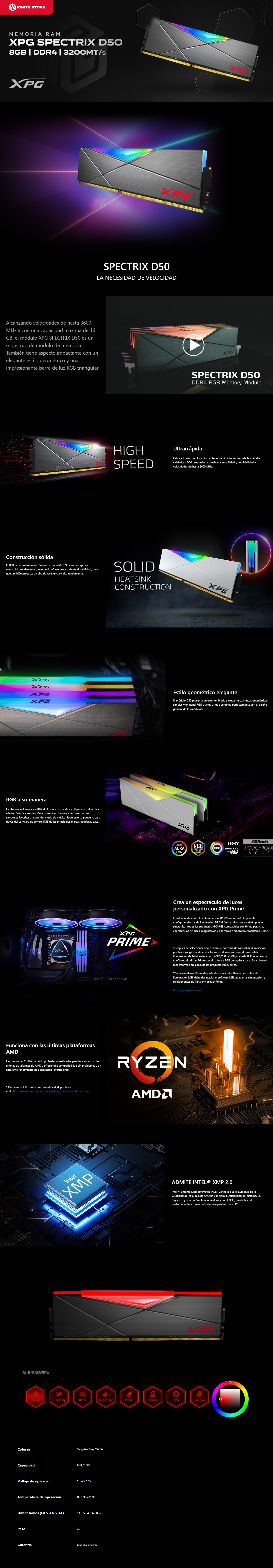 MEMORIA RAM DDR4 8GB 3200MT/s ADATA XPG SPECTRIX D50 RGB TITANIO / AX4U32008G16A-ST50