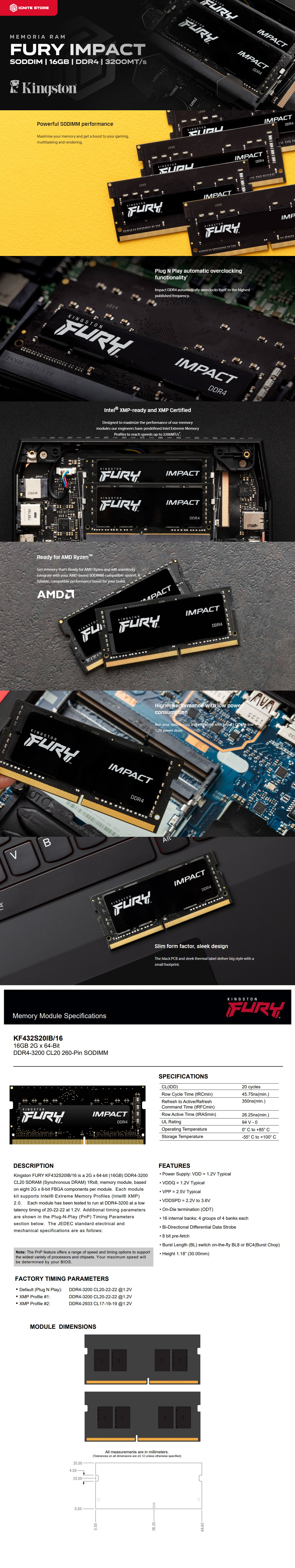 MEMORIA RAM SODIMM DDR4 16GB 3200MT/s KINGSTON FURY IMPACT | KF432S20IB/16