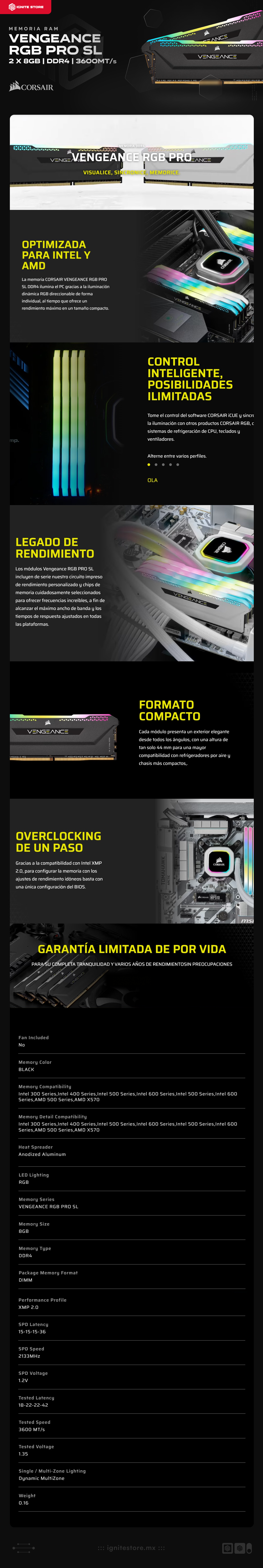 MEMORIA RAM DDR4 16GB (2X8GB) | 3600MT/s | CORSAIR VENGEANCE RGB PRO SL NEGRO | CMH16GX4M2D3600C18