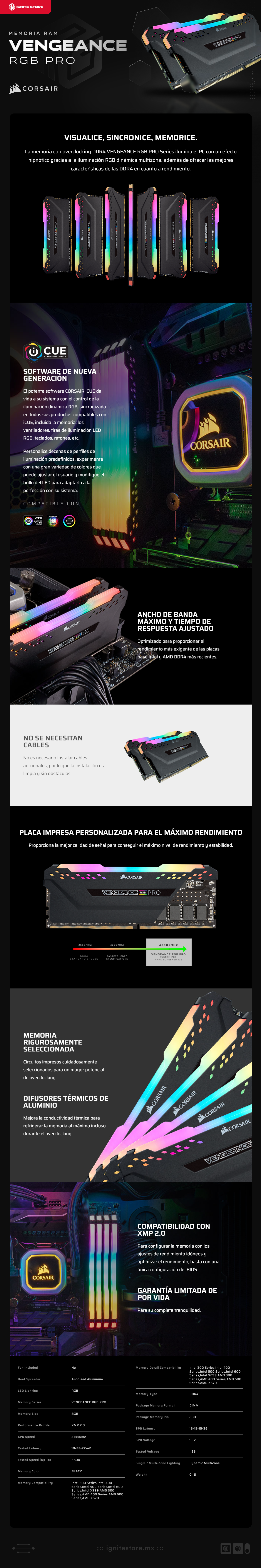 Memoria RAM DDR4 | 16GB (2x8GB) | 3600MT/s | CL18 | Corsair Vengeance RGB Pro Negro | CMW16GX4M2D3600C18