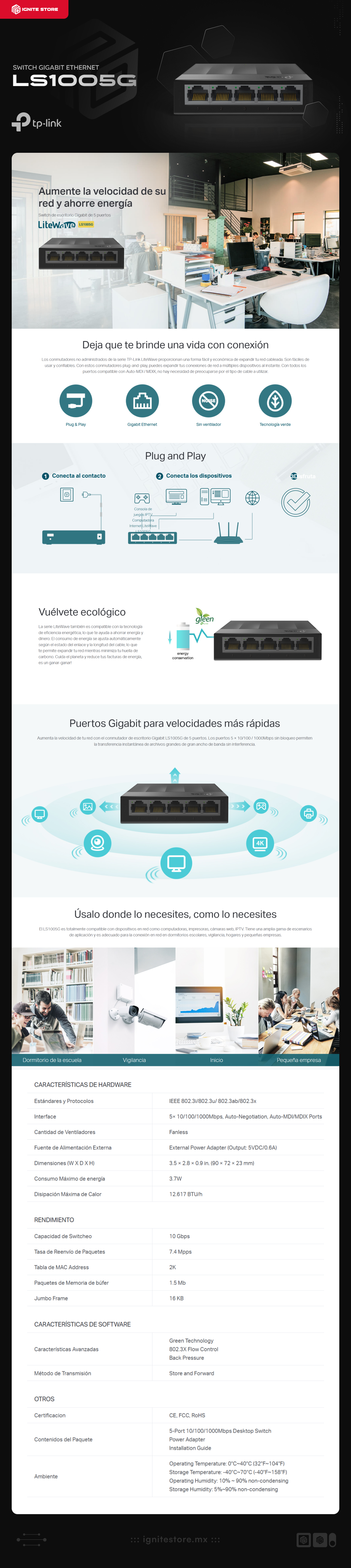 Switch Gigabit Ethernet TP-Link LS1005G | 5 Puertos a 10 / 100 / 1000 Mbps | Capacidad de Switcheo de 10 Gbit/s | No Administrable | Tecnología de Eficiencia Energética | LS1005G