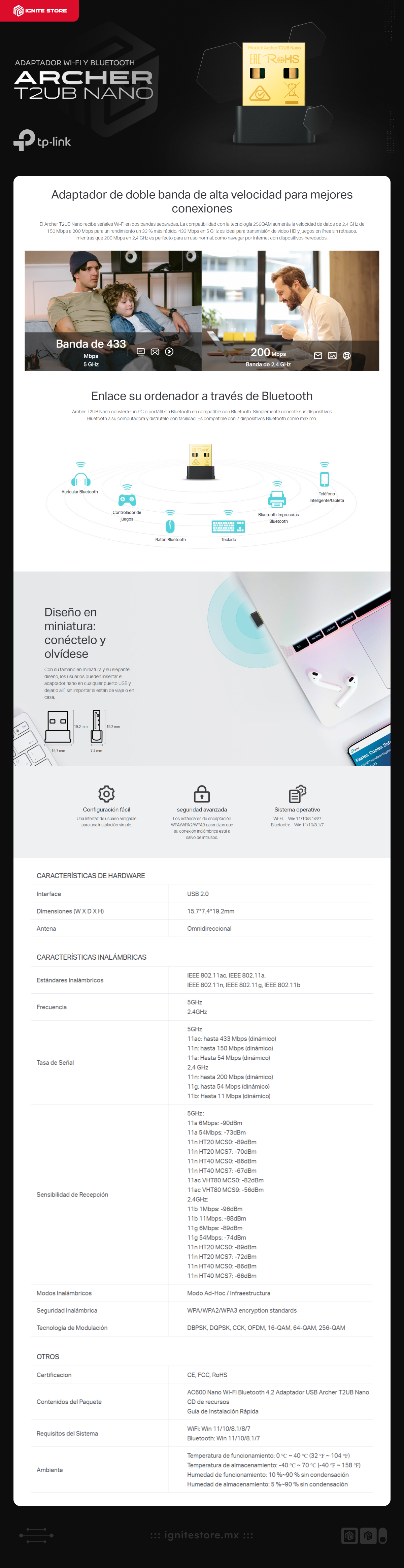 Adaptador Wi-Fi y Bluetooth TP-Link Archer T2UB Nano | Inalámbrico de Doble Banda 2.4 / 5 GHz | Bluetooth 4.2 | ARCHER T2UB NANO