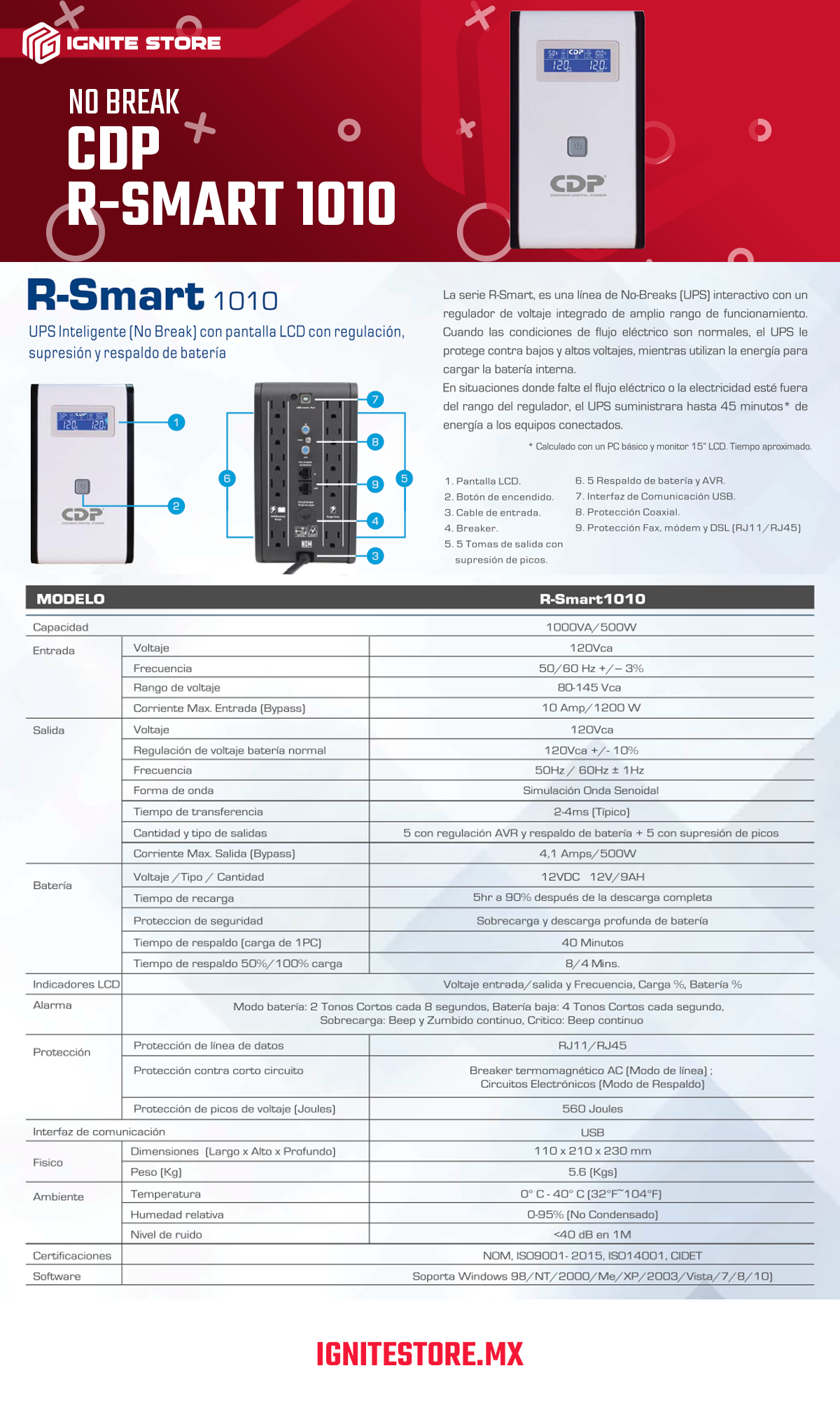 NO BREAK CDP R-SMART1010 1000VA/500W 6 CONTACTOS PANTALLA LCD / R-SMART1010