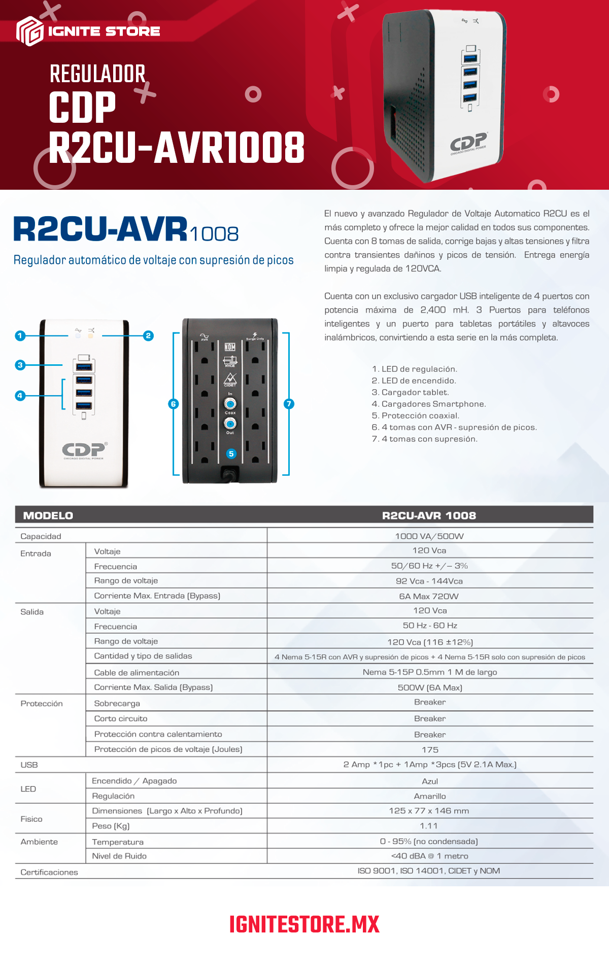 REGULADOR CDP MOD R2CU-AVR1008 1000VA 8 CONTACTOS, 4 USB DE RECA