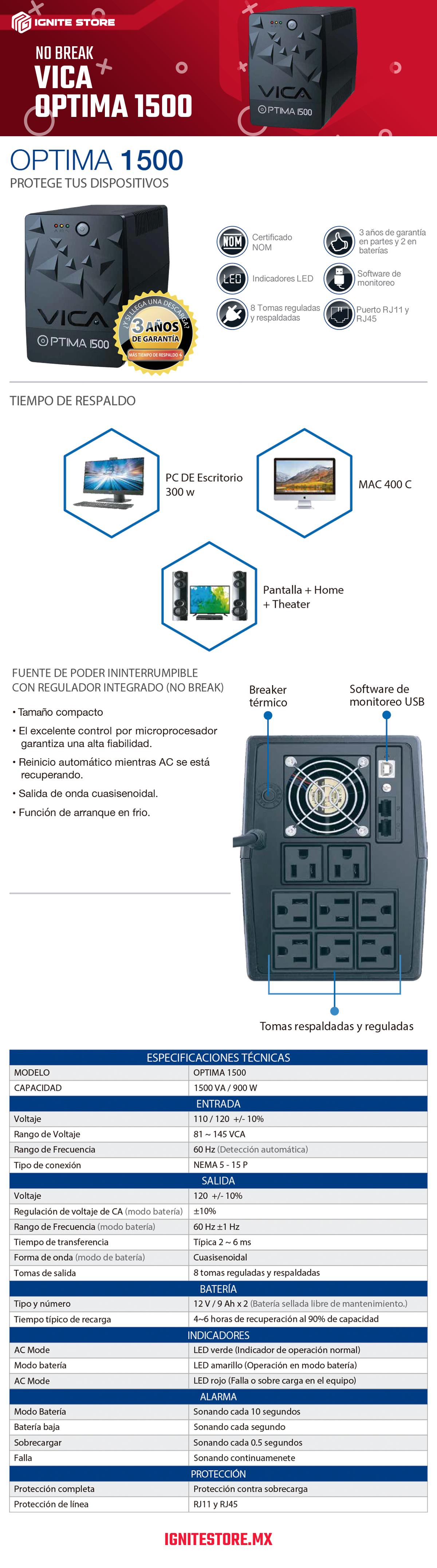 NO BREAK CON REGULADOR INTEGRADO VICA S1500 - 1500VA/900W - 6 TOMAS DE CORRIENTE - OPTIMA 1500 - VICA