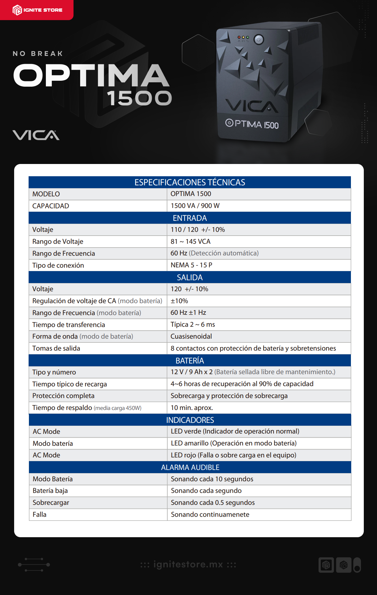 No Break Vica OPTIMA 1500 Línea Interactiva | 900W | 1500VA | Entrada 110-120V | Salida 110-120V | OPTIMA1500