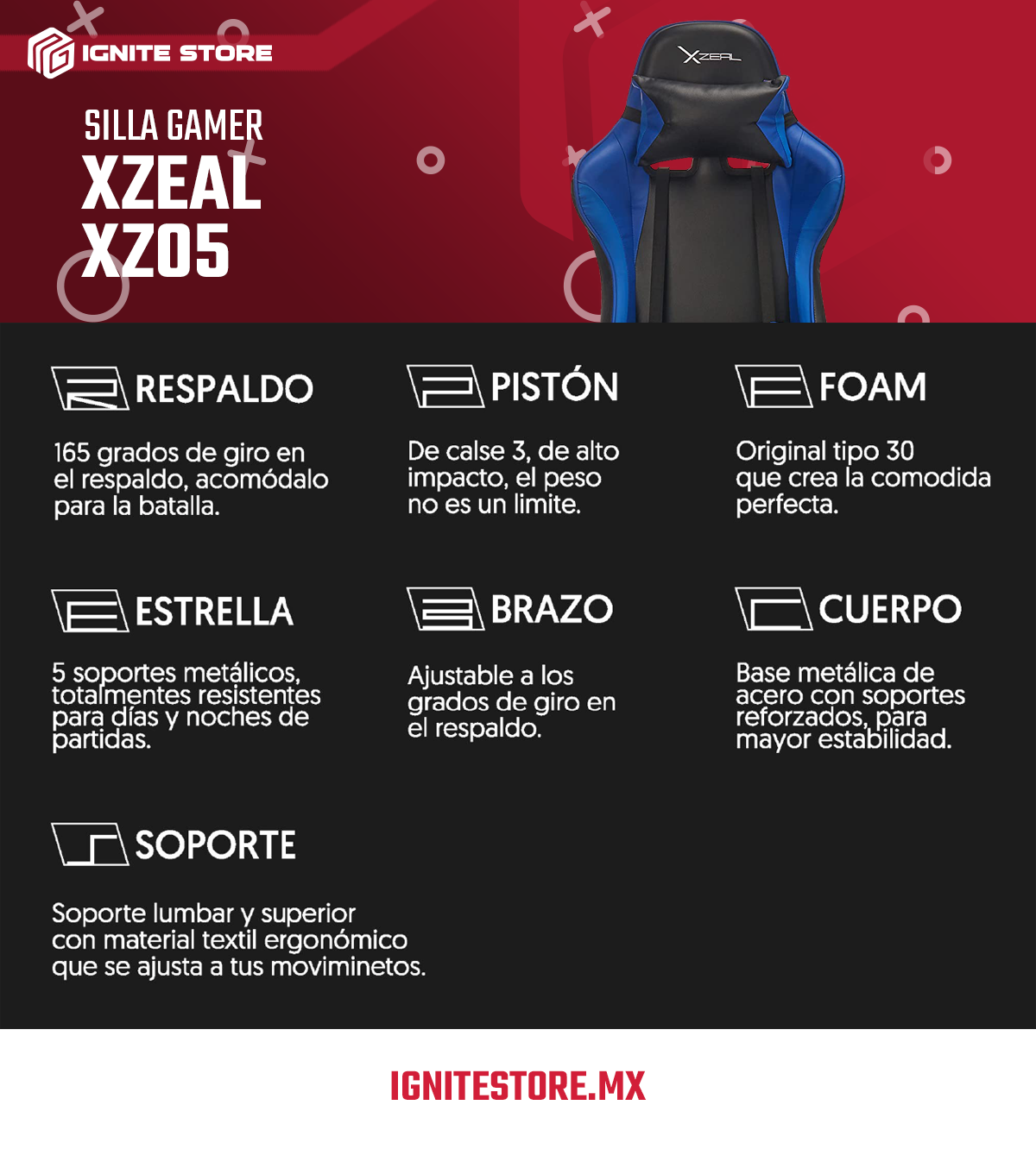 SILLA GAMER XZEAL XZ05 COLOR AZUL | VINIPIEL | XZSXZ05