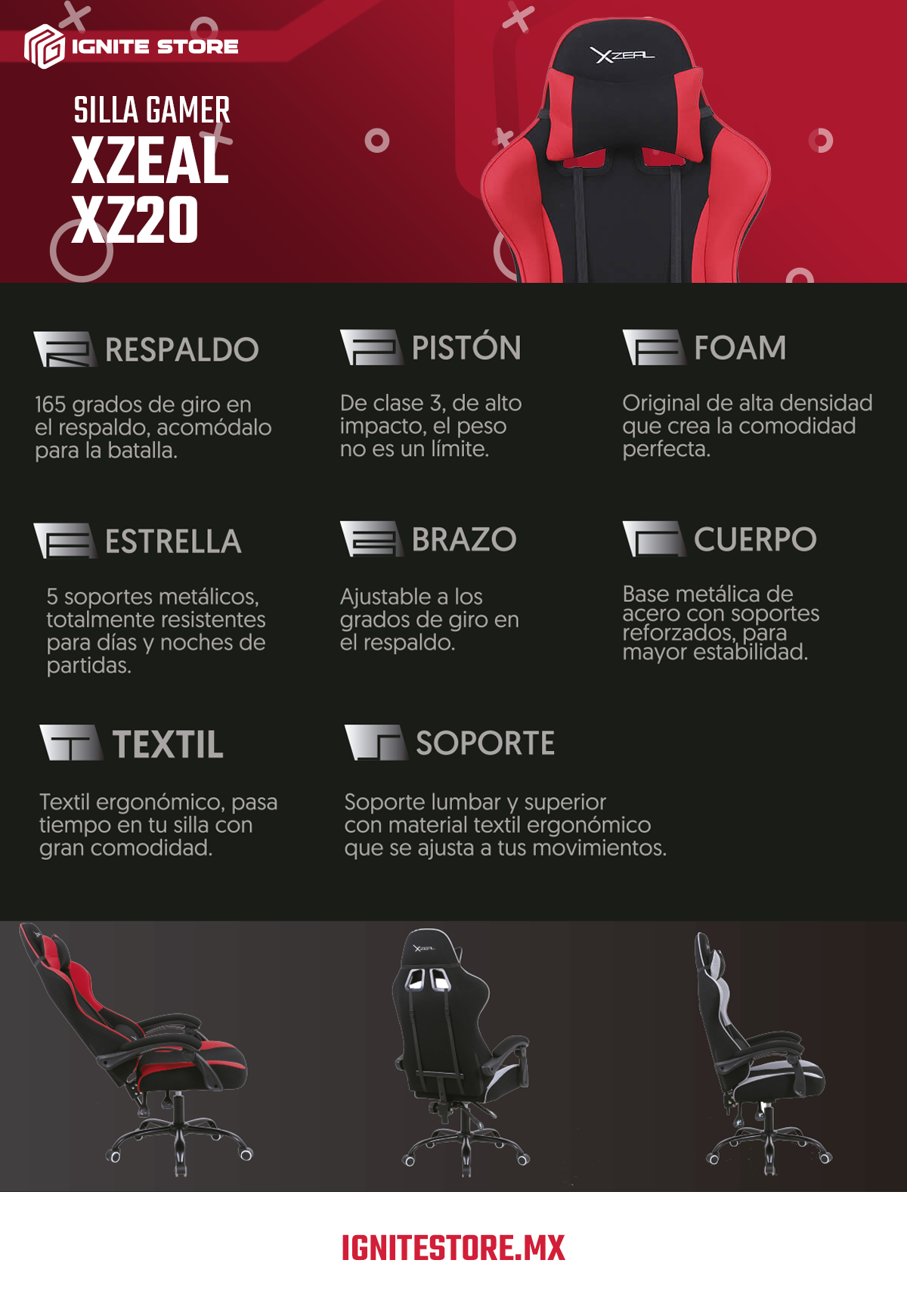 SILLA GAMER XZEAL XZ20 NEGRA-ROJO XZSXZ20R - TELA