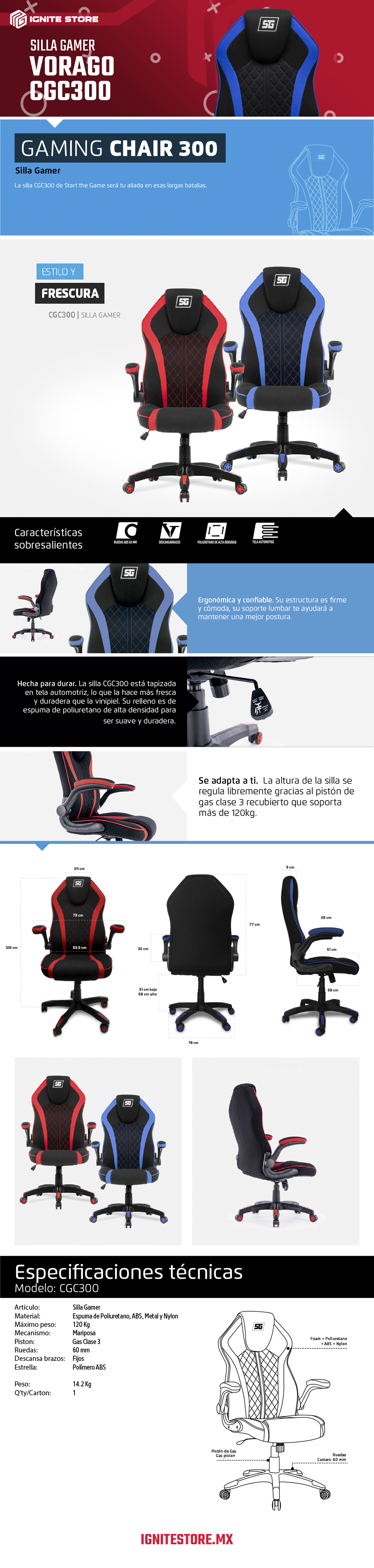 SILLA GAMER DEPORTIVA VORAGO CGC300 AZUL / TELA