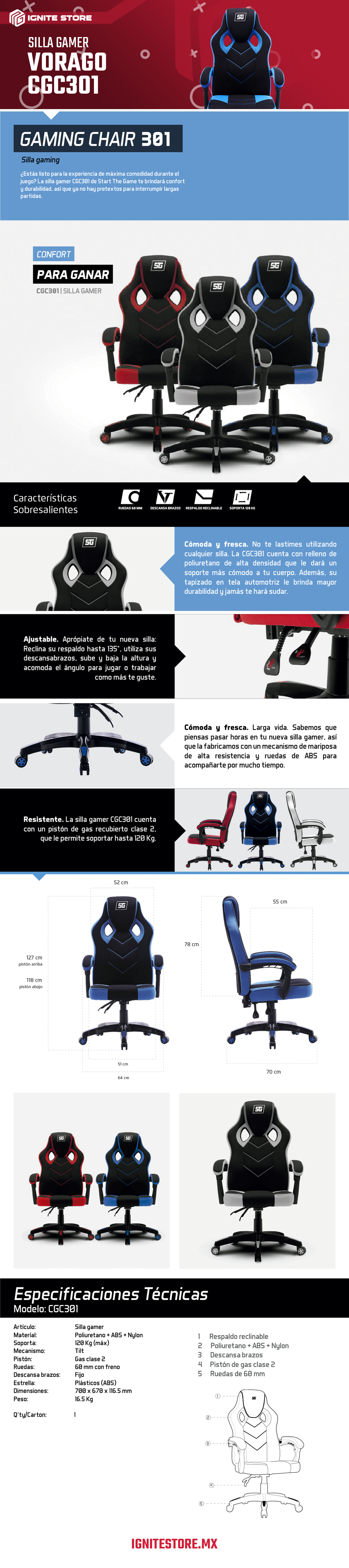 SILLA GAMER DEPORTIVA VORAGO CGC301-BL AZUL / TELA