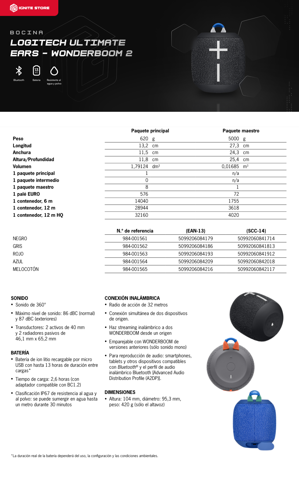 BOCINA BLUETOOTH PORTATIL LOGITECH ULTIMATE EARS WONDERBOOM 2 BLACK - WATTERPROOF Y FLOTANTE SONIDO 360° - 984-001554