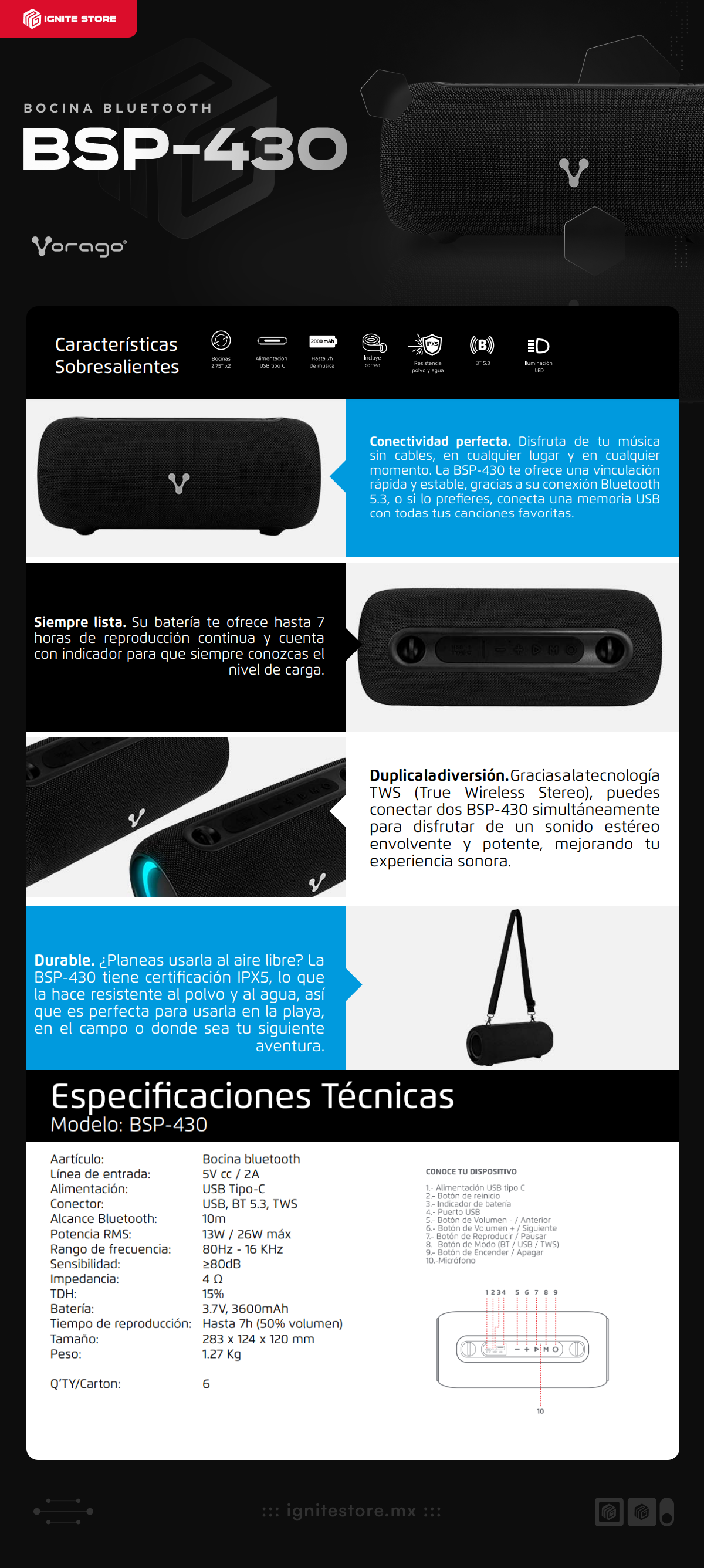 Bocina Bluetooth Vorago BSP-430 | Bluetooth 5.3 | Luces LED | 7hrs de batería | USB C | Resistente al polvo y salpicaduras | BSP-430