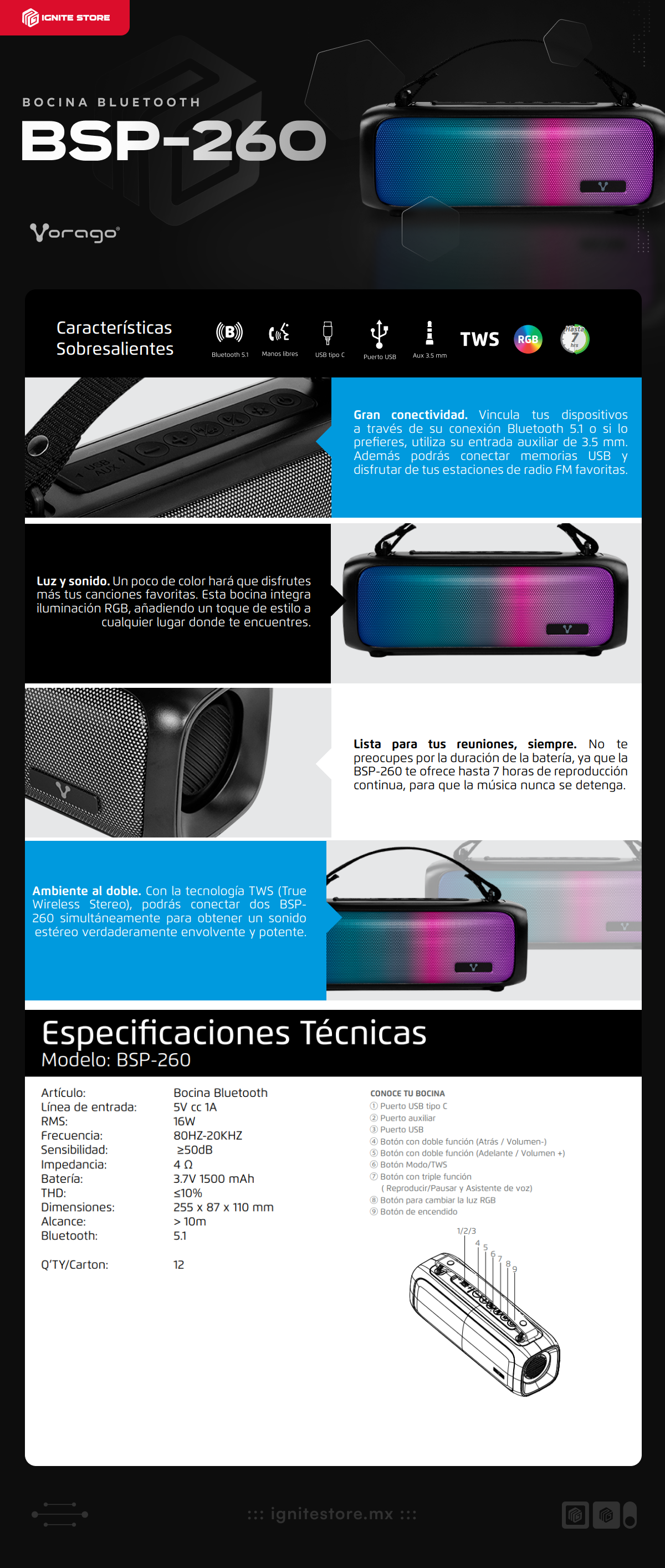 Bocina Bluetooth Vorago BSP-260 | Bluetooth 5.1 | TWS | Aux 3.5mm | Manos libres | USB C | 7hrs de batería | RGB | BSP-260