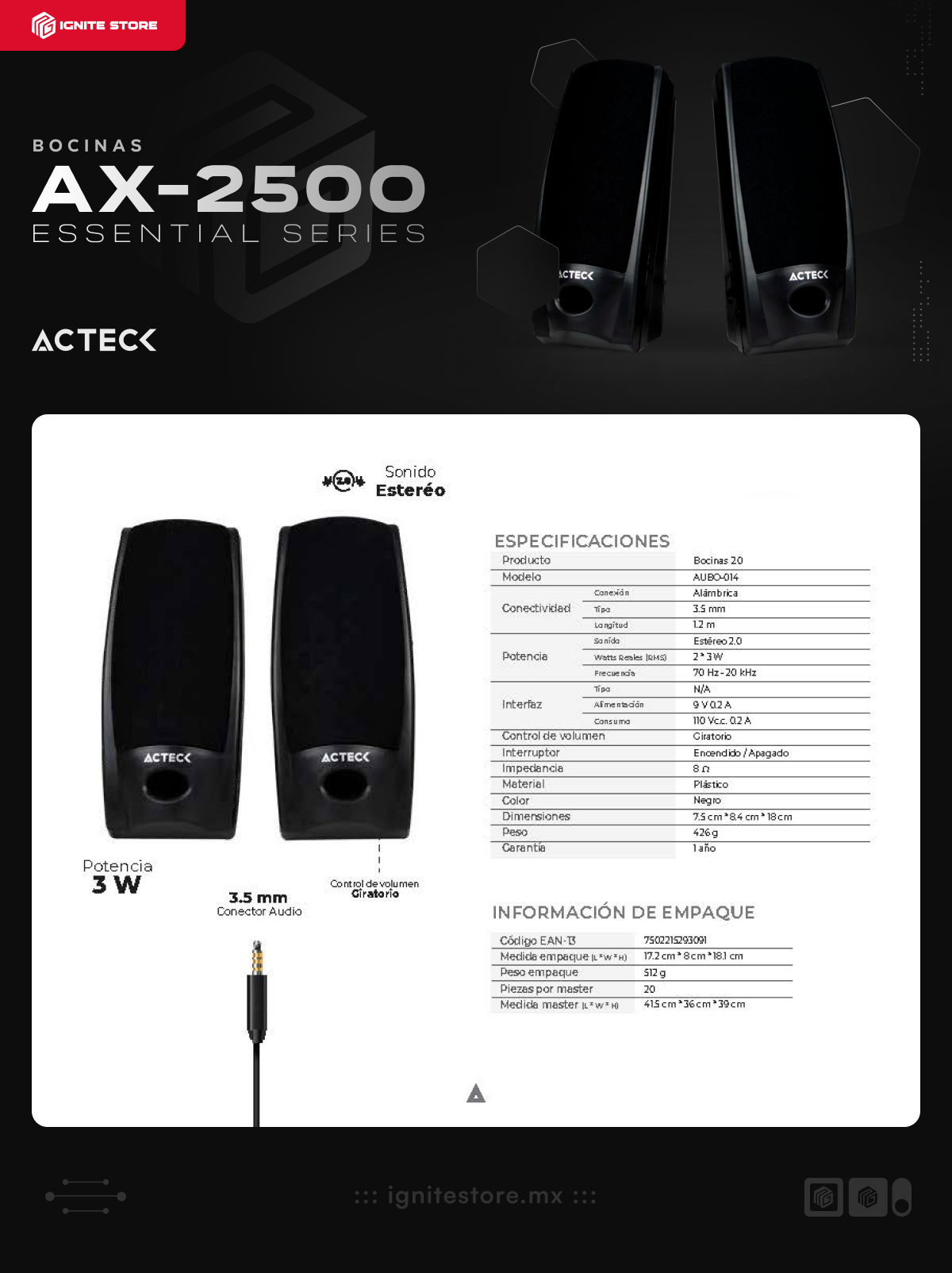 Bocinas Acteck AX-2500 | 3.5 mm | Estéreo 2.0 | 6 W | Negro | AUBO-014