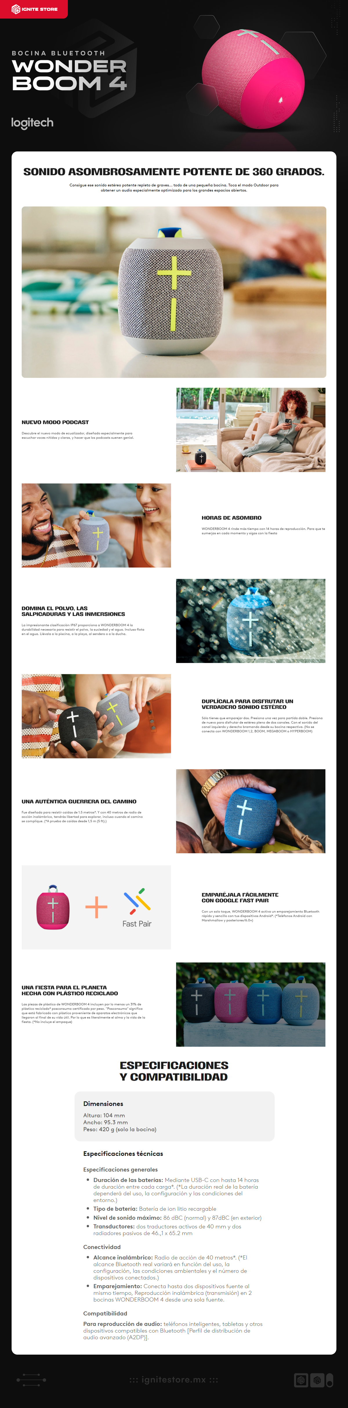 Bocina Portátil Logitech Ultimate Ears Wonderboom 4 | Hasta 14 Horas de Batería | Certificación IP67 / Resistente al Polvo / Agua / Suciedad | Modo Outdoor / Modo Podcast | Flota en el Agua | Rosa (Hyper Pink) | 984-001890