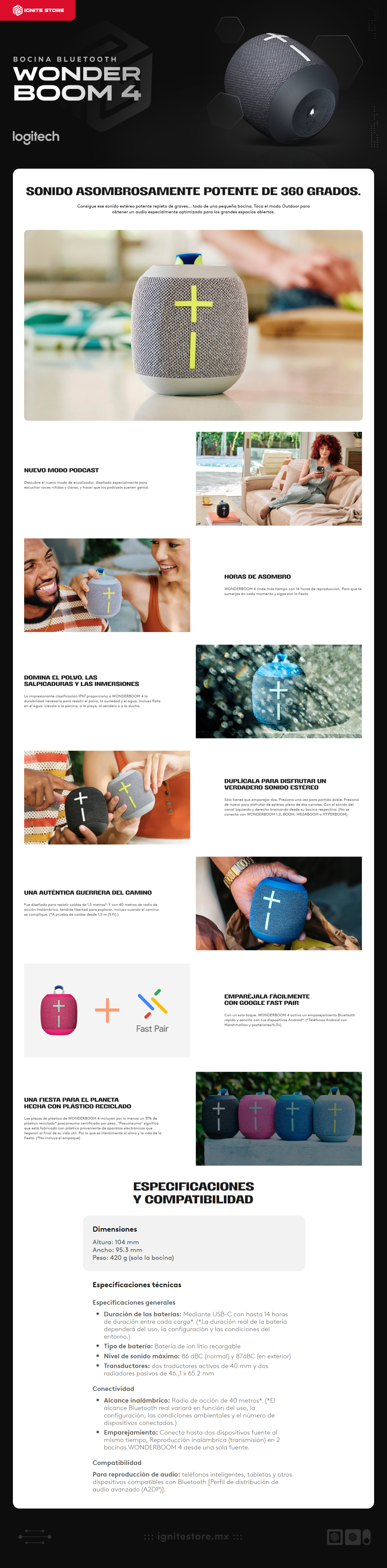 Bocina Portátil Logitech Ultimate Ears Wonderboom 4 | Hasta 14 Horas de Batería | Certificación IP67 / Resistente al Polvo / Agua / Suciedad | Modo Outdoor / Modo Podcast | Flota en el Agua | Negro (Active Black) | 984-001888