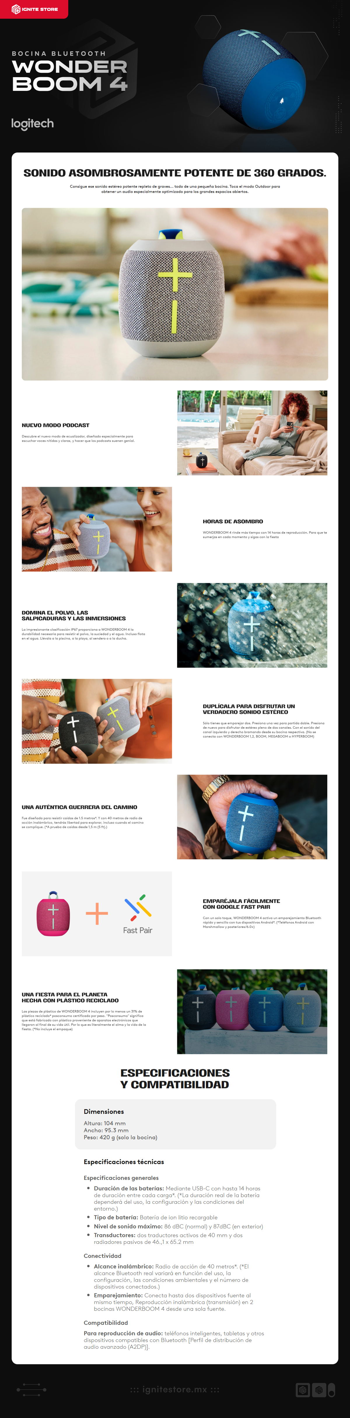 Bocina Portátil Logitech Ultimate Ears Wonderboom 4 | Hasta 14 Horas de Batería | Certificación IP67 / Resistente al Polvo / Agua / Suciedad | Modo Outdoor / Modo Podcast | Flota en el Agua | Azul (Azul Cobalto) | 984-001889