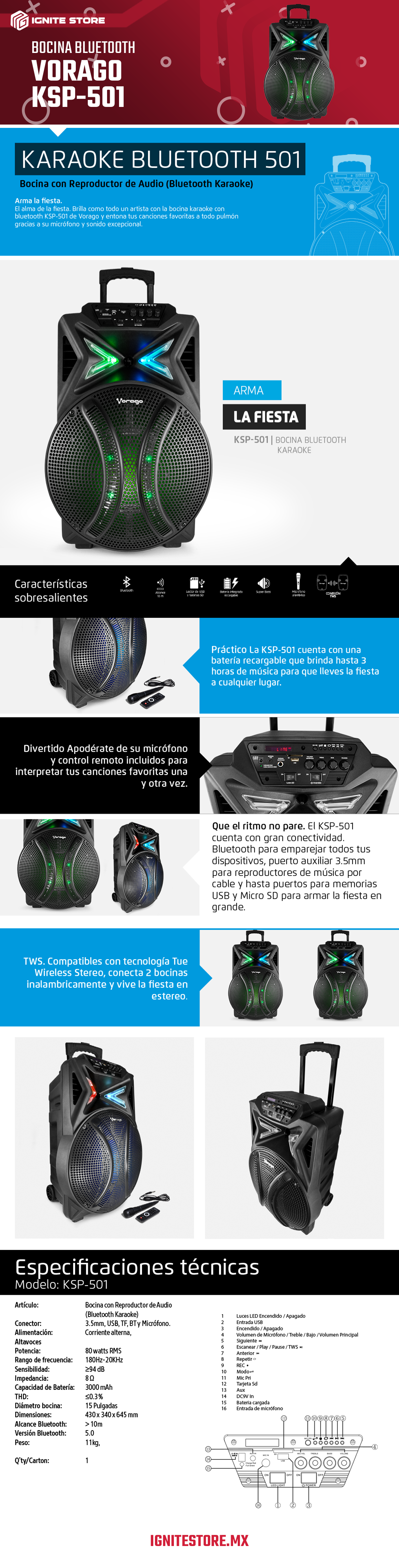 BOCINA KARAOKE VORAGO KSP-501 - BT5.0 - LECTOR USB Y SD - MICROFONO - SUPER BASS