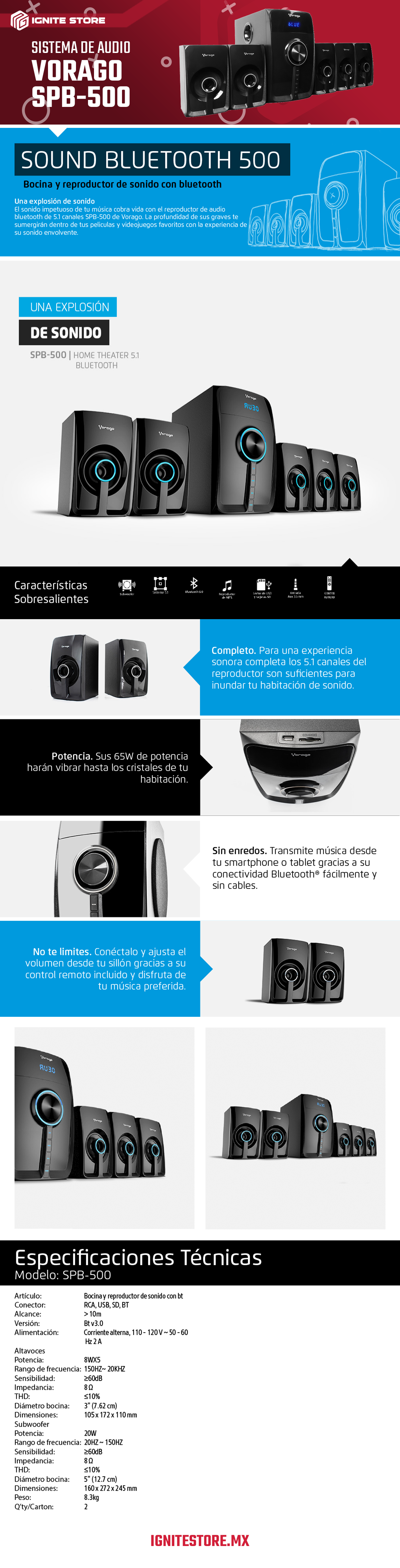 BOCINA HOME THEATER 5.1 BLUETOOTH SPB-500 - BT5.0 - REPRODUCTOR MP3 - LECTOR SD - 3.5MM AUXILIAR - CONTROL REMOTO