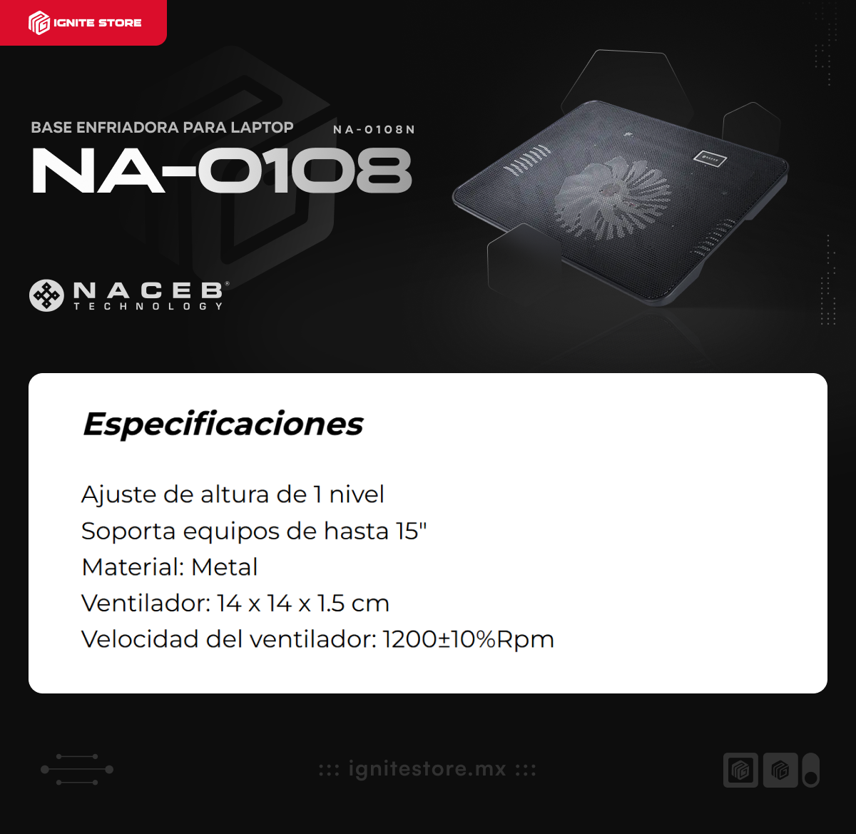 Base Enfriadora para Laptop NACEB NA-0108 | Laptops de hasta 15″ | Ventilador 140mm | 1200 RPM | Color Negro | NA-0108N