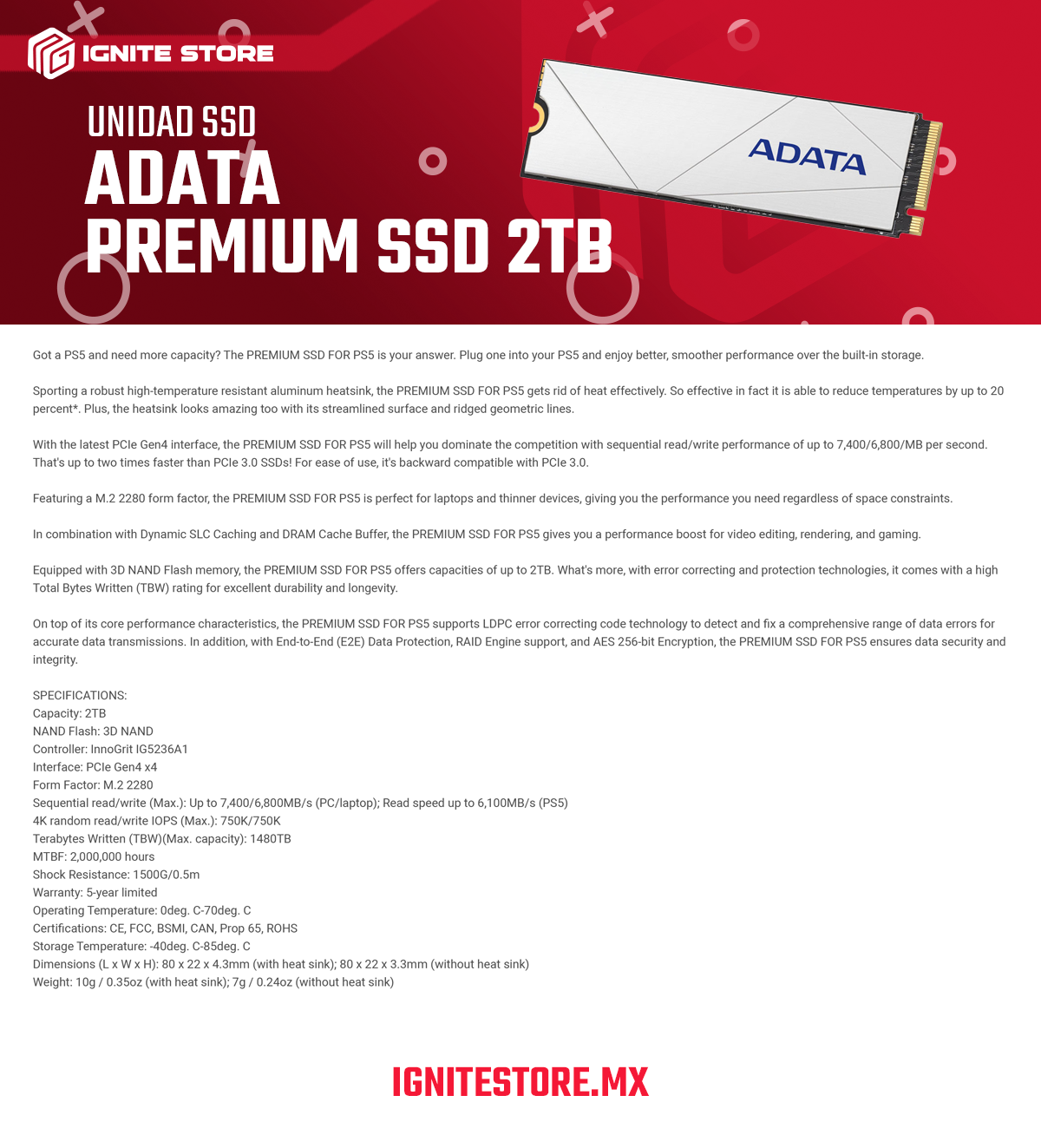 UNIDAD SSD M.2 ADATA PREMIUM PARA PS5 2TB PCIE G4 BCO (APSFG-2T-CSUS)