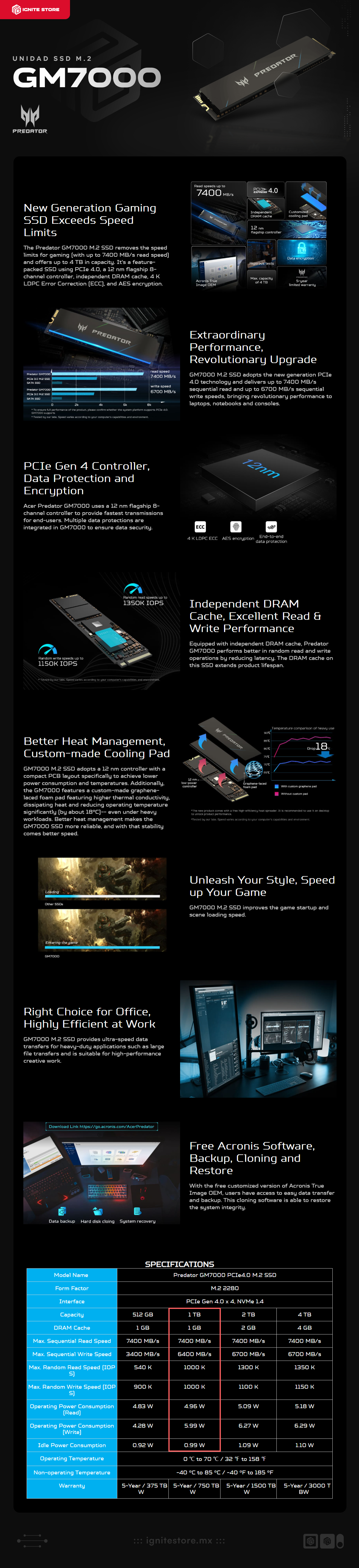 Unidad SSD Acer Predator GM7000 | 1TB | M.2 | PCIe4 | NVMe 1.4 | Hasta 7400MB/s Lectura | Hasta 6400MB/s Escritura | BL.9BWWR.105