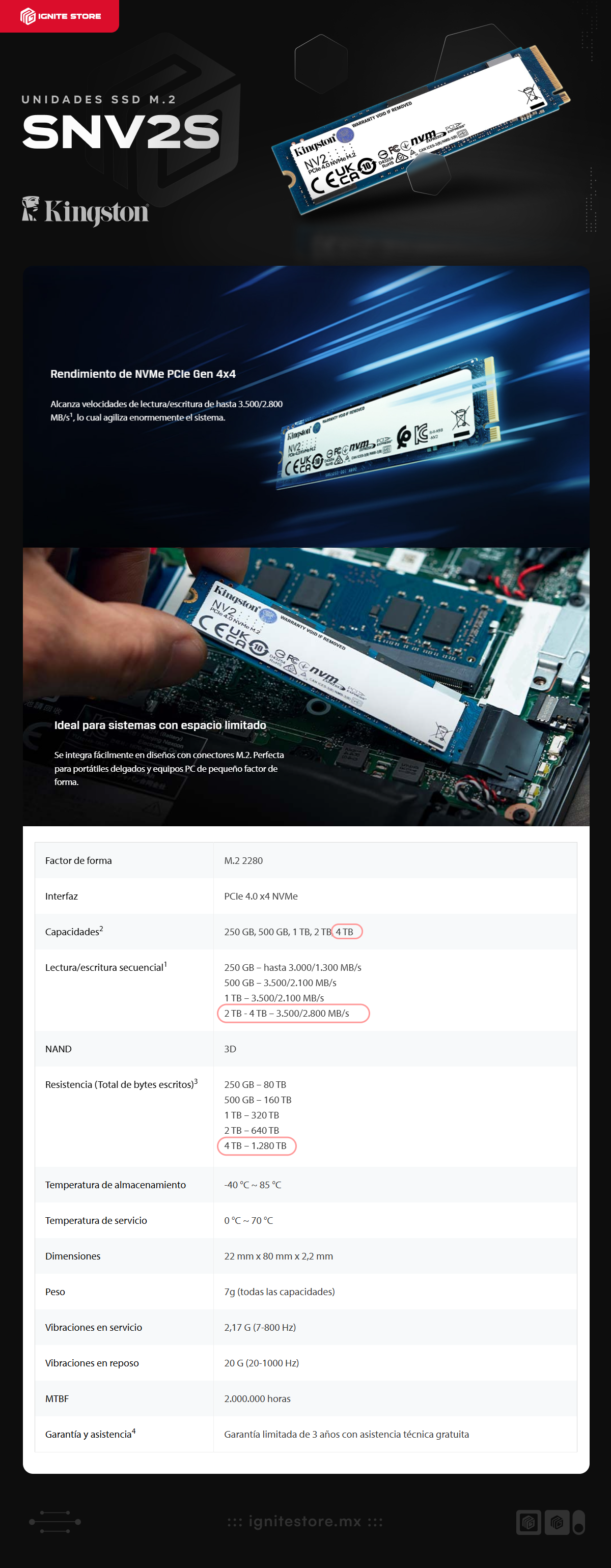 Unidad SSD Kingston SNV2S | 4TB | M.2 | PCIe 4.0 NVMe | 3500MB/s Lectura | 2800MB/s Escritura | SNV2S/4000G