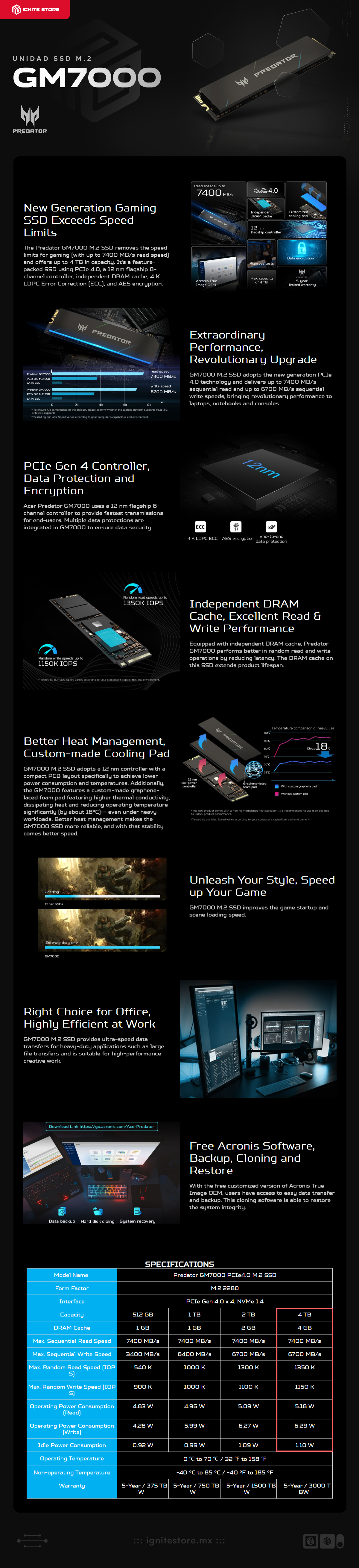 Unidad SSD Acer Predator GM7000 | 4TB | M.2 | PCIe Gen 4.0 NVMe | Hasta 7400MB/s Lectura | Hasta 6700MB/s Escritura | BL.9BWWR.107