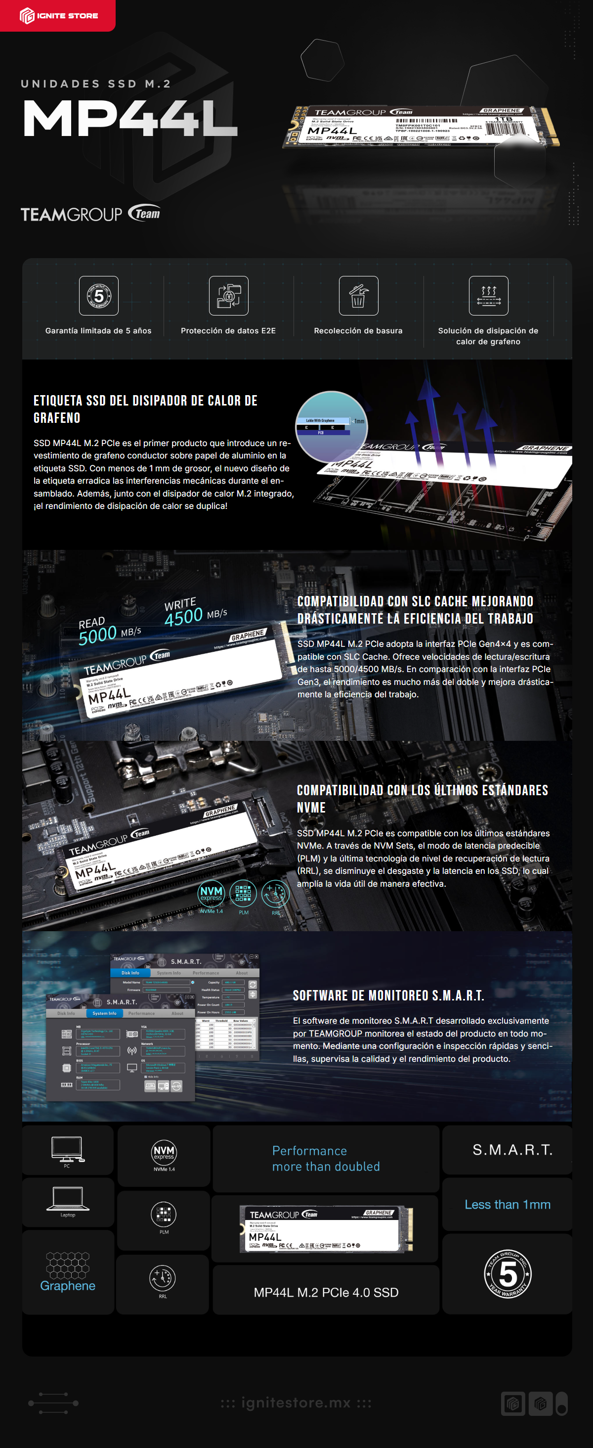 Unidad SSD TeamGroup MP44L | 1TB | NVMe M.2 |  5000 MB/s Lectura | 4500 MB/s Escritura | TM8FPK001T0C101