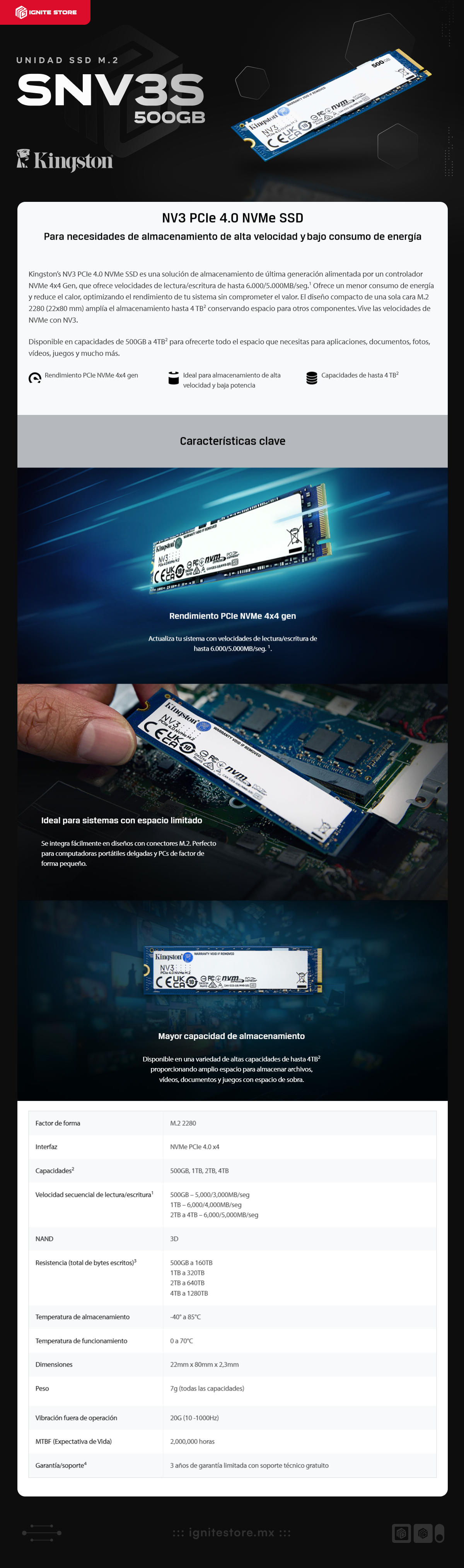 Unidad SSD Kingston SNV3S | 500GB | NVMe PCIe4 | M.2 | 5,000MB/s Lectura | 3,000MB/s Escritura | SNV3S/500G