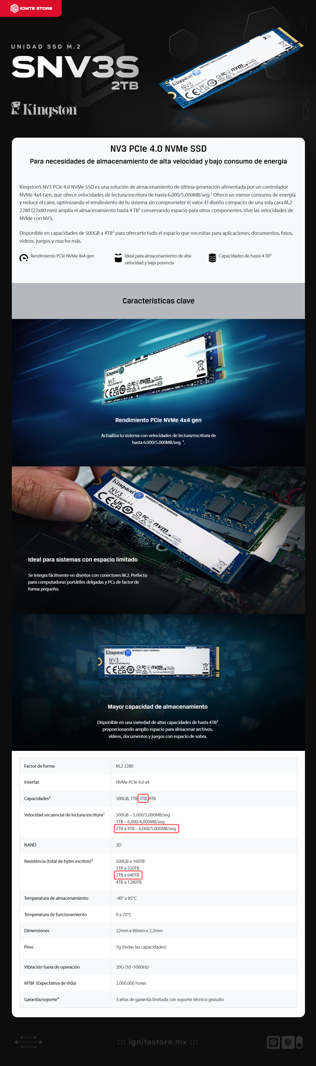 Unidad SSD Kingston SNV3S | 2TB | NVMe PCIe4 | M.2 | 6,000MB/s Lectura | 5,000MB/s Escritura | SNV3S/2000G