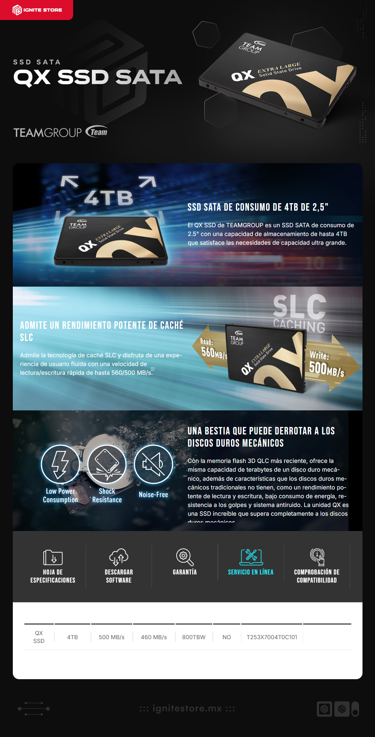 Unidad SSD 2.5" TeamGroup QX SSD SATA | 4TB |  500MB/s Lectura | 460MB/s Escritura | 800TBW | T253X7004T0C101