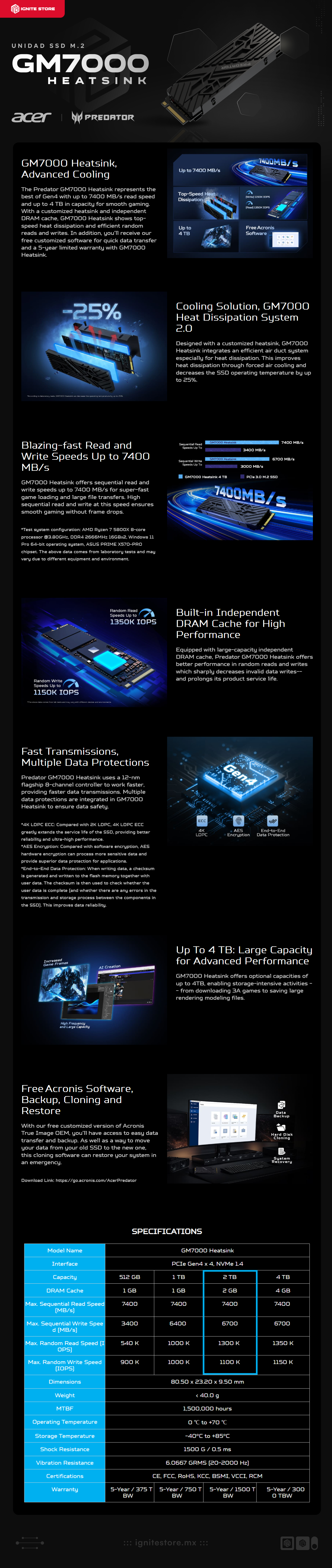 Unidad SSD Acer Predator GM7000 Heatsink | 2 TB | M.2 | NVMe 1.4 | 7400MB/s Lectura / 6700MB/s Escritura | PCIe Gen4 | BL.9BWWR.123