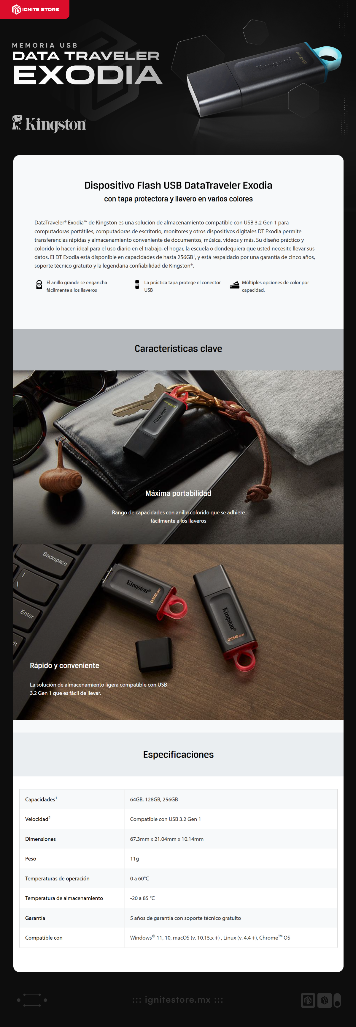 Memoria USB Kingston DataTraveler Exodia | 64GB | USB-A 3.0 | Negro | DTX/64GB