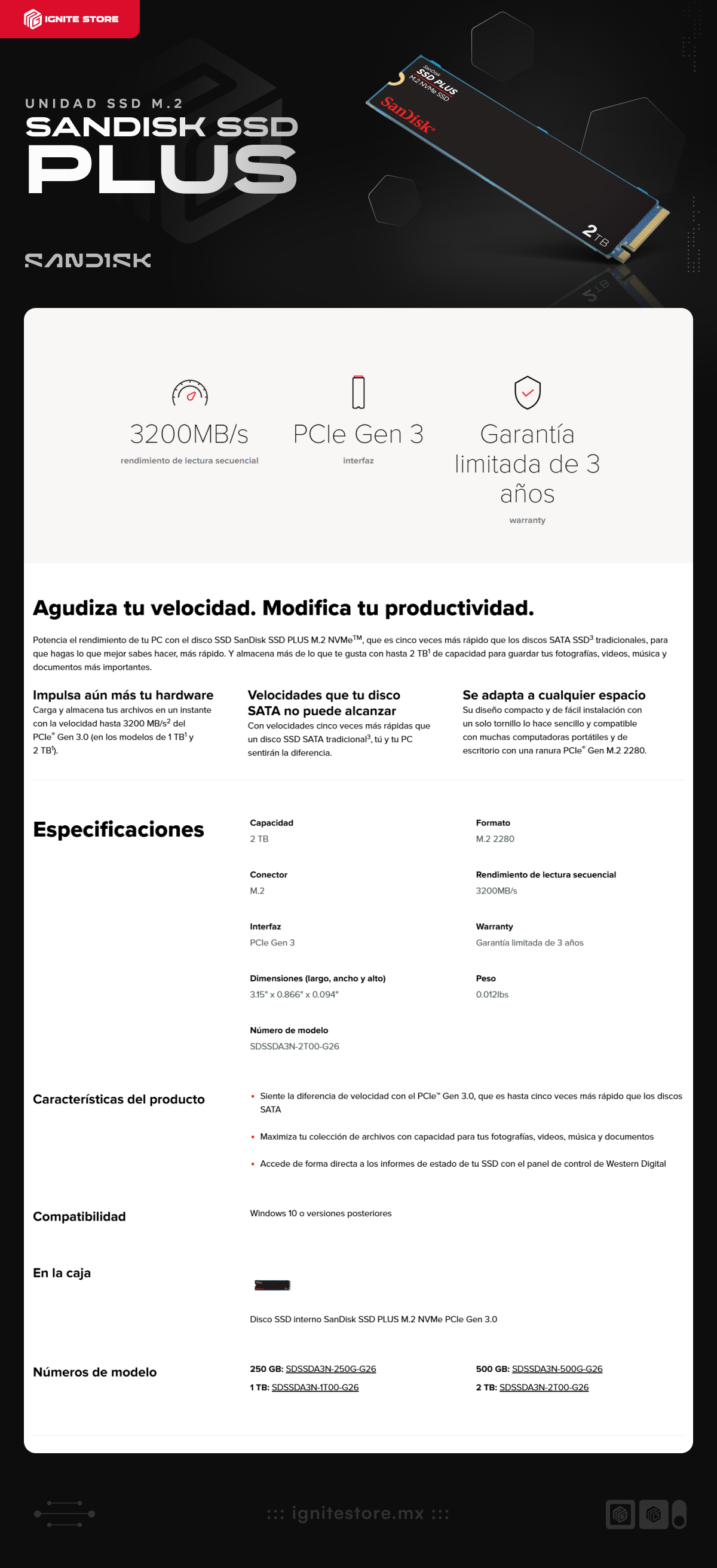 Unidad SSD SanDisk SSD PLUS | 2TB | M.2 NVMe | PCIe Gen 3.0 | Lectura 3200MB/s | Escritura 3000MB/s | SDSSDA3N-2T00-G26​