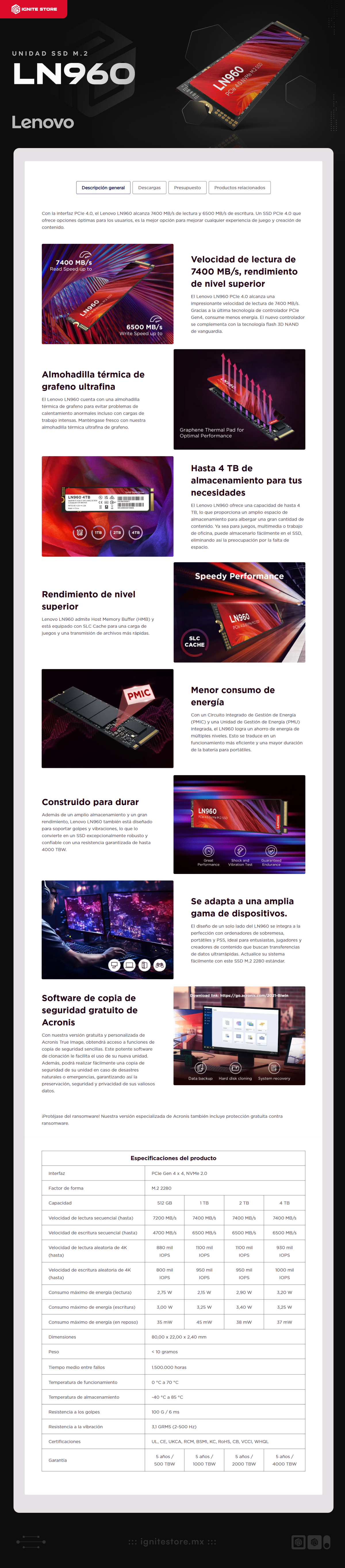 Unidad SSD Lenovo LN960 | 4TB | NVMe 2.0 | PCIe 4.0 | Lectura 7400MB/s / Escritura 6500MB/s | 5SD1N53071