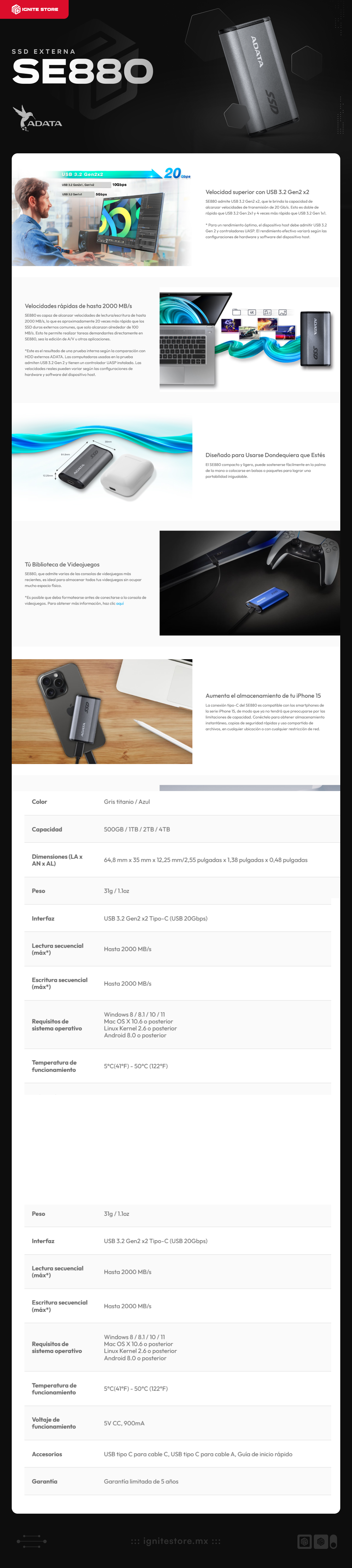 Unidad SSD Externa ADATA SE880 | 1TB | USB C | 2000MB/s Lectura | PC / XBOX Series / PS5 | Color Gris | AELI-SE880-1TCGY