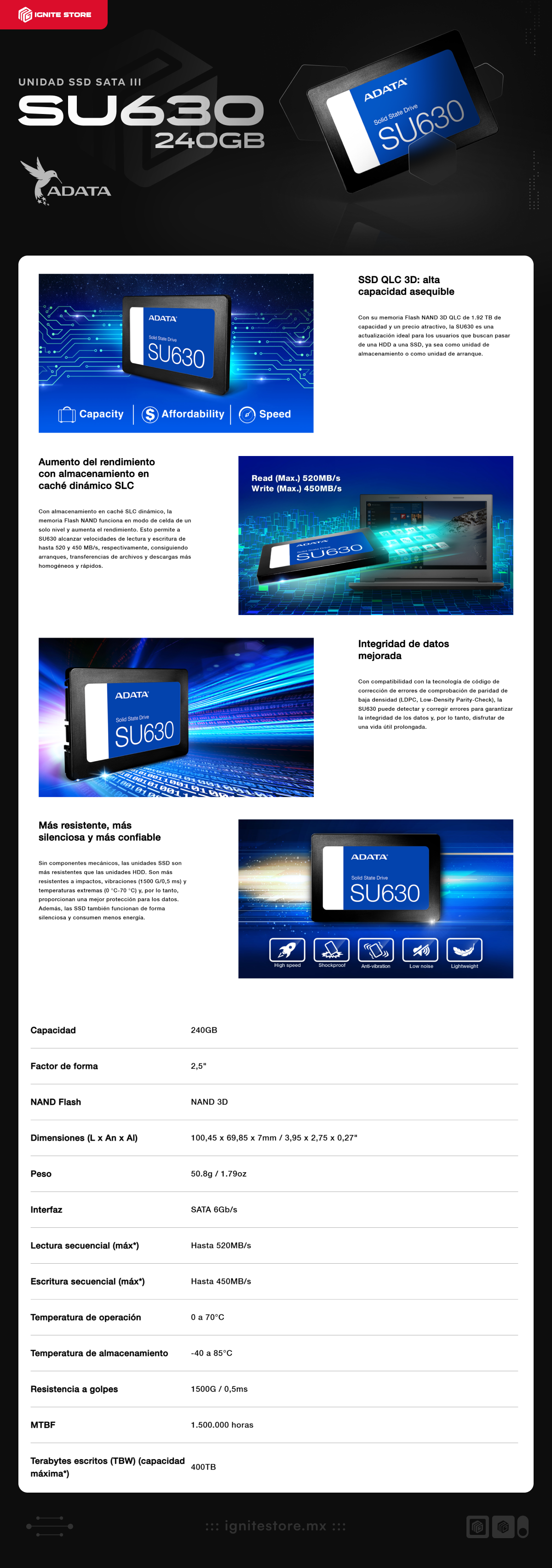 Unidad SSD ADATA SU630 Suprema | 240GB | SATA III | ASU630SS-240GQ-R