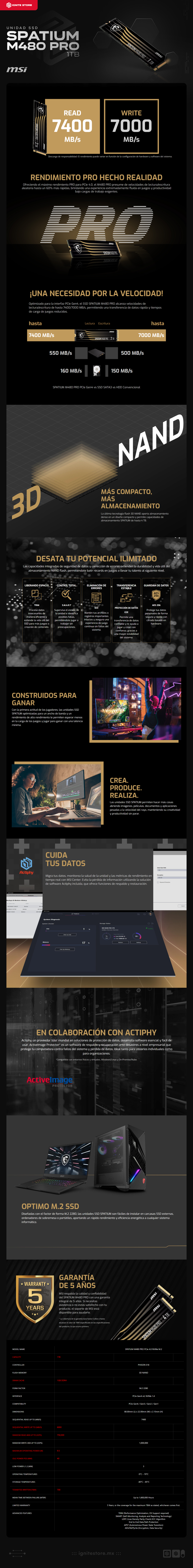 Unidad SSD MSI SPATIUM M480 PRO | 1TB | M.2 | PCIe 4 | NVMe 1.4 | 7400 MB/s Lectura | 6000 MB/s Escritura | SPATIUM M480 PRO PCIe 4.0 NVMe M.2