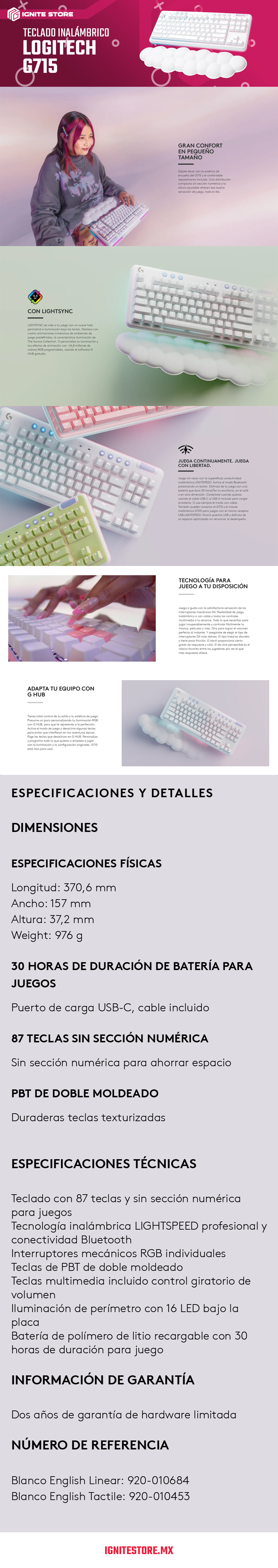 Teclado Mecánico Inalámbrico Logitech G715 - Switch Táctil - Inglés - Con Reposabrazos - Aurora Collection -  920-010453