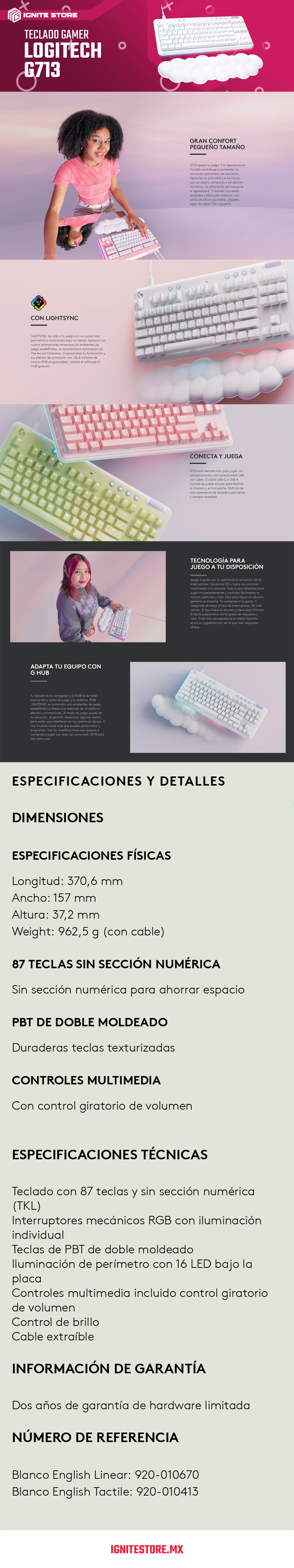 Teclado Mecánico Alámbrico Logitech G713 - Switch Linear - Con Reposabrazos - Aurora Collection - 920-010670