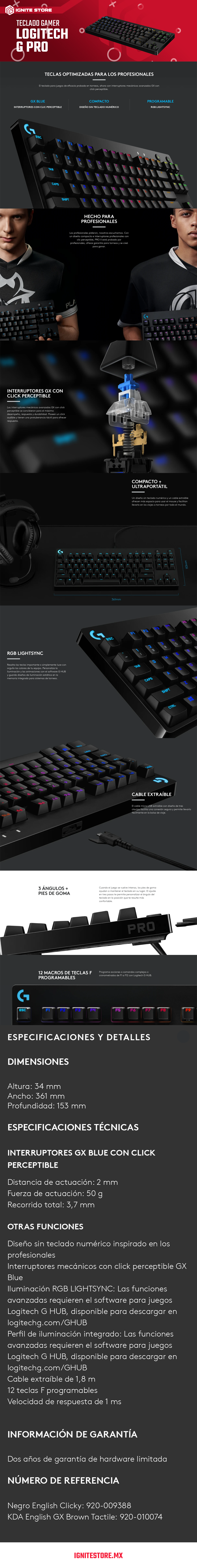 Teclado Gamer Mecánico Logitech G PRO - Switch Clicky - Inglés - 920-009388