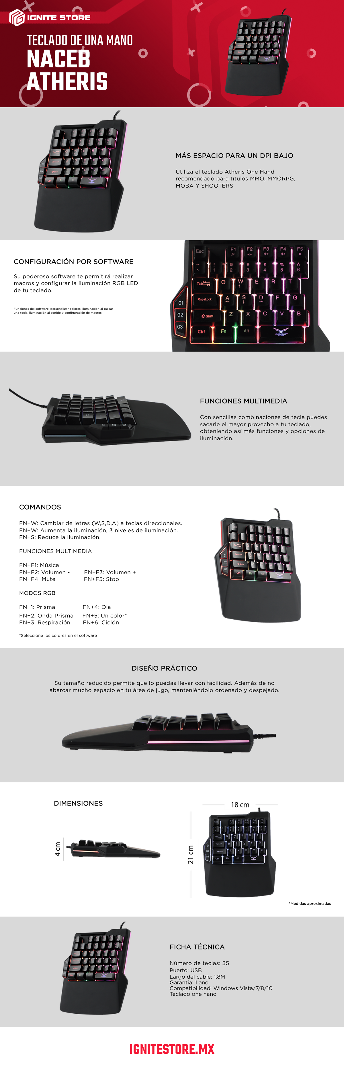 Teclado Gamer de Una Mano Naceb Atheris - Membrana - Macros Configurables - RGB